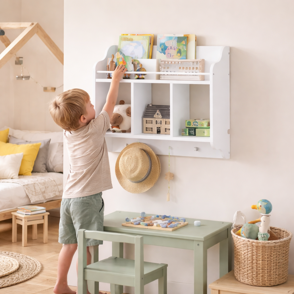 Petite fille rangeant ses livres et accessoires sur l'étagère murale Oxford