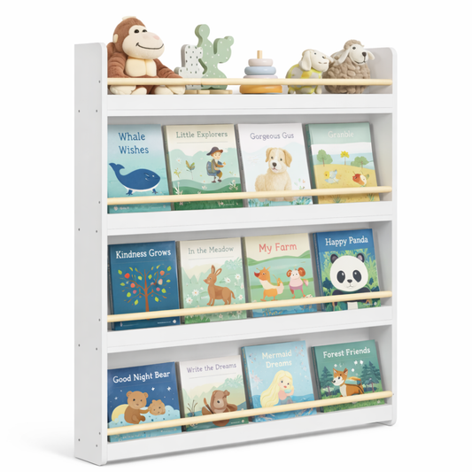Étagère murale enfant Oslo bicolore blanc et bois avec 3 niveaux d'exposition