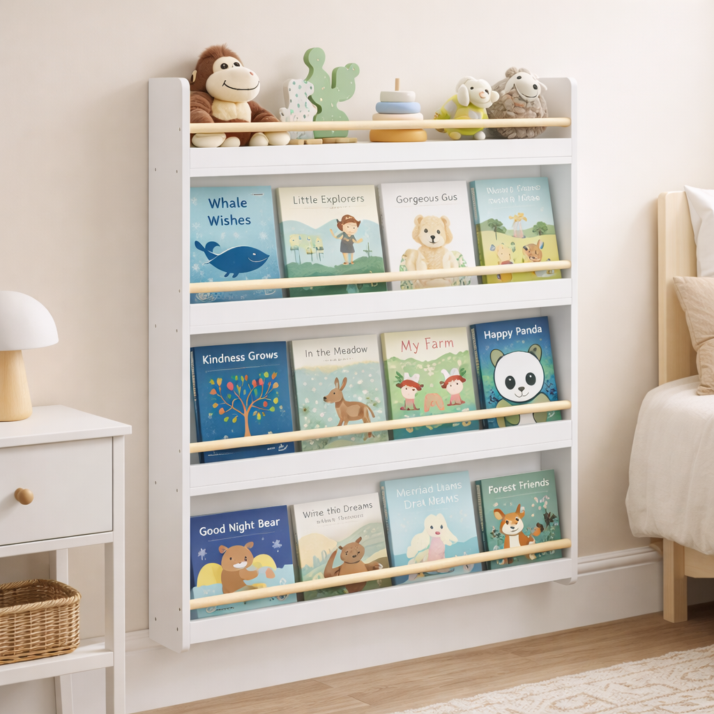 Installation murale de la bibliothèque Oslo dans une chambre d'enfant minimaliste