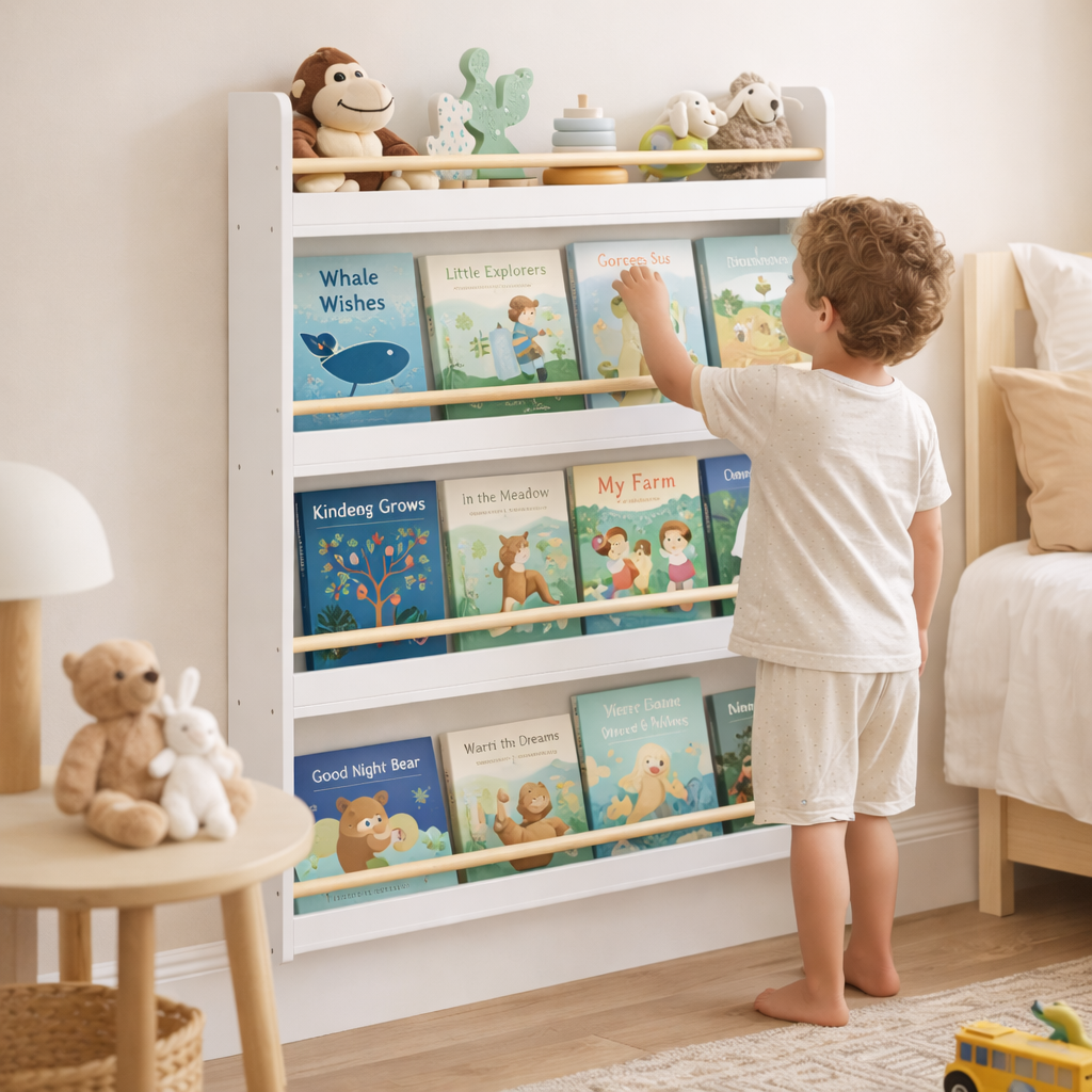 Petit garçon choisissant un livre sur la bibliothèque murale Montessori Oslo