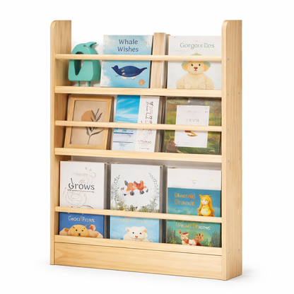 Grande bibliothèque murale Oslo en bois de pin massif naturel avec 3 niveaux