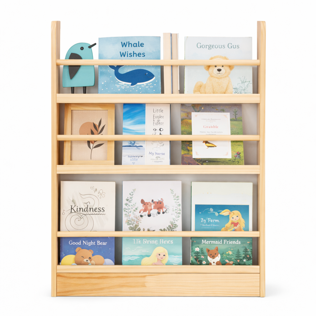 Vue de face du présentoir à livres mural Oslo hauteur 89 cm en bois naturel