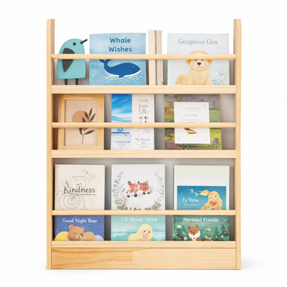 Vue de face du présentoir à livres mural Oslo hauteur 89 cm en bois naturel