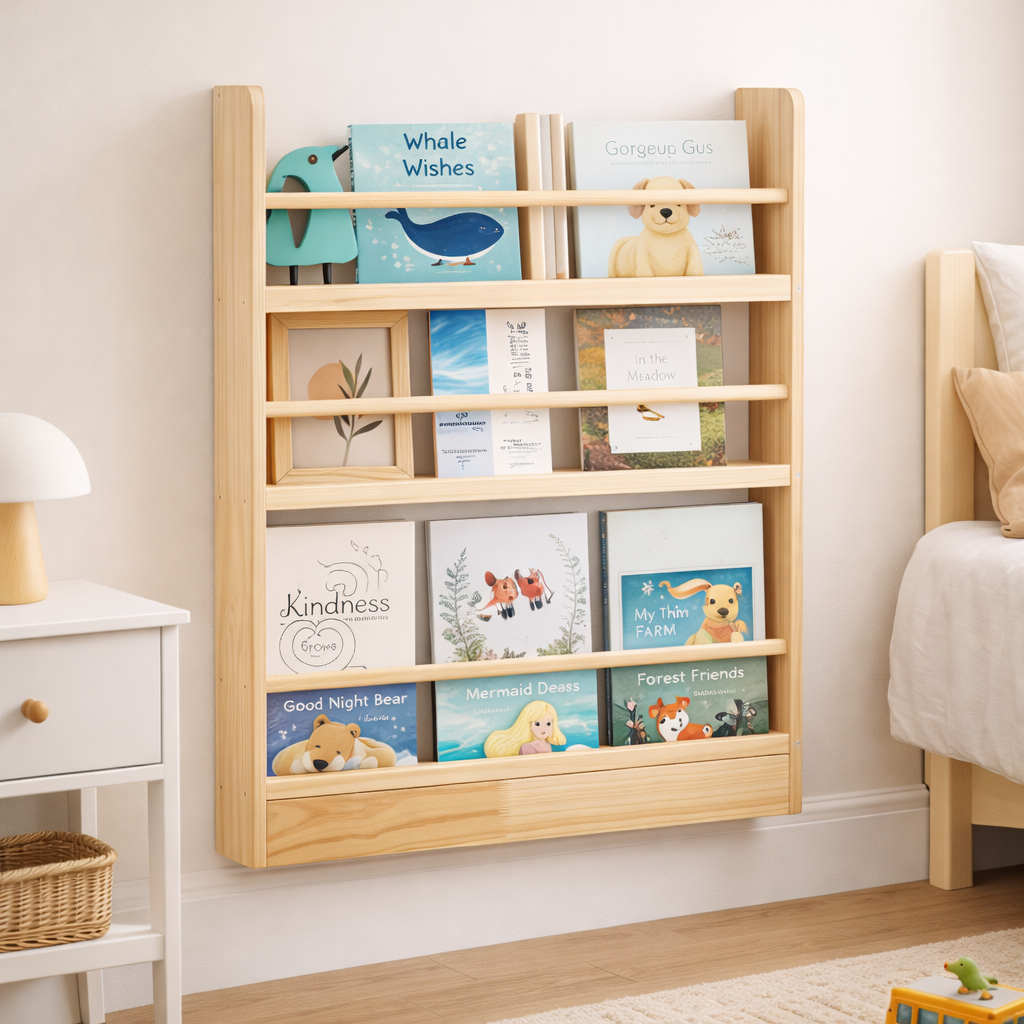 Grand mur de lecture Montessori avec la bibliothèque Oslo en bois de pin