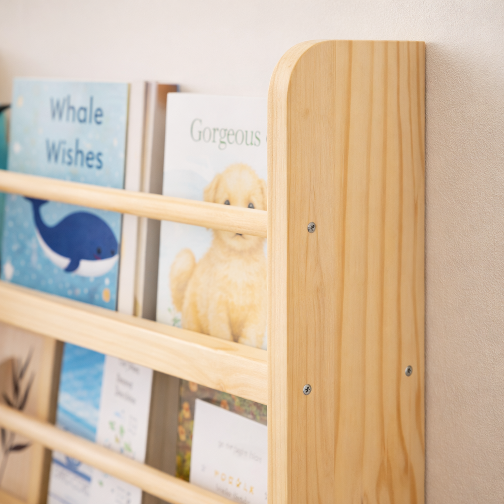 Détail de la finition bois massif et du montage soigné de la bibliothèque Oslo