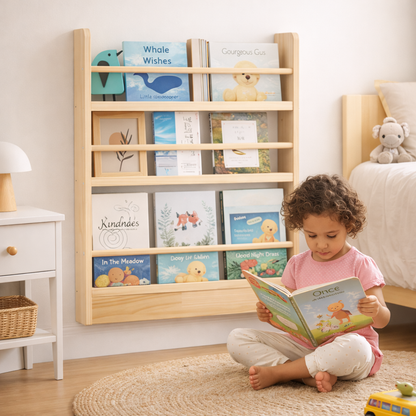 Petite fille lisant un livre devant son étagère murale Oslo en bois clair