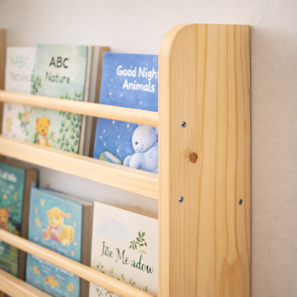 Détail des barres de maintien et du grain de bois naturel de l'étagère Oslo