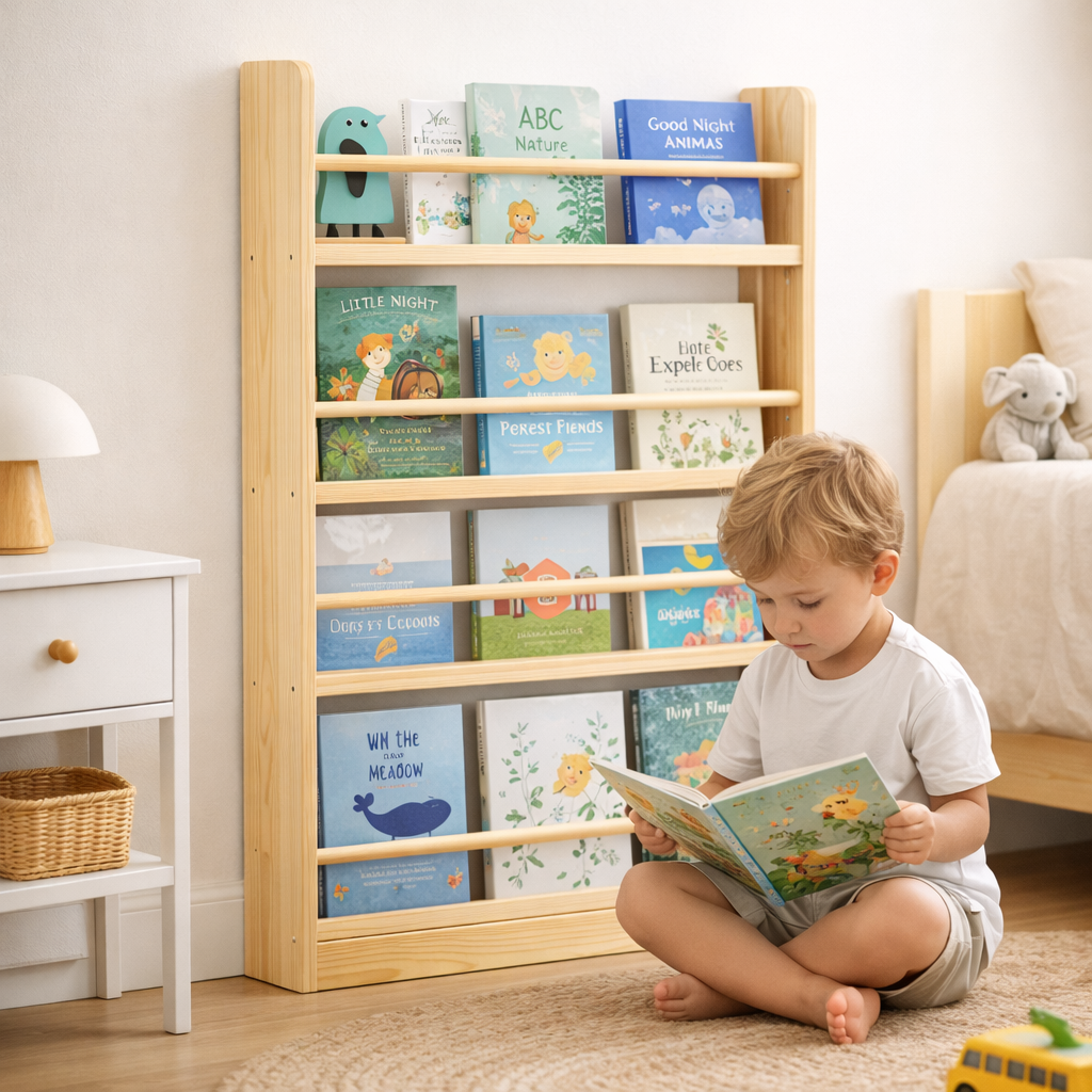 Jeune enfant lisant un livre sur l'étagère murale Oslo