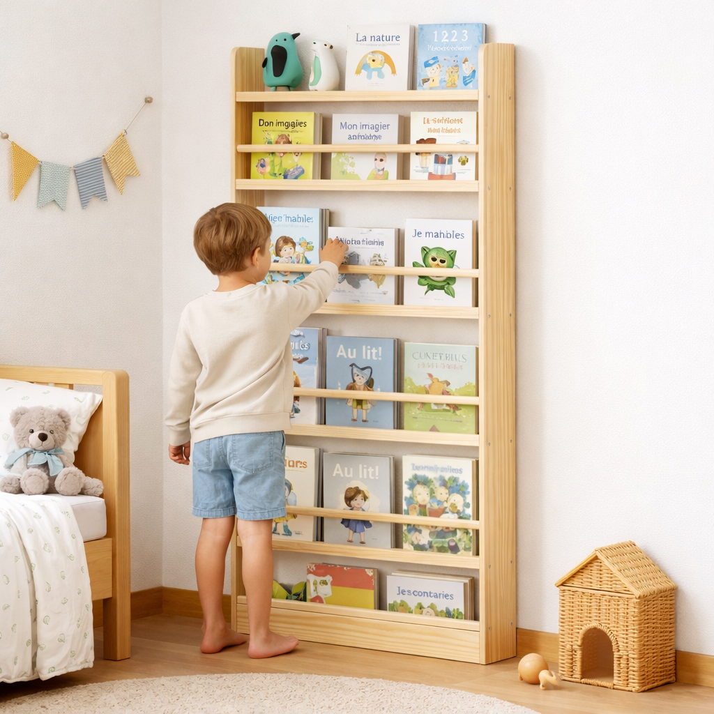Petit garçon rangeant ses livres en toute autonomie sur son étagère Oslo