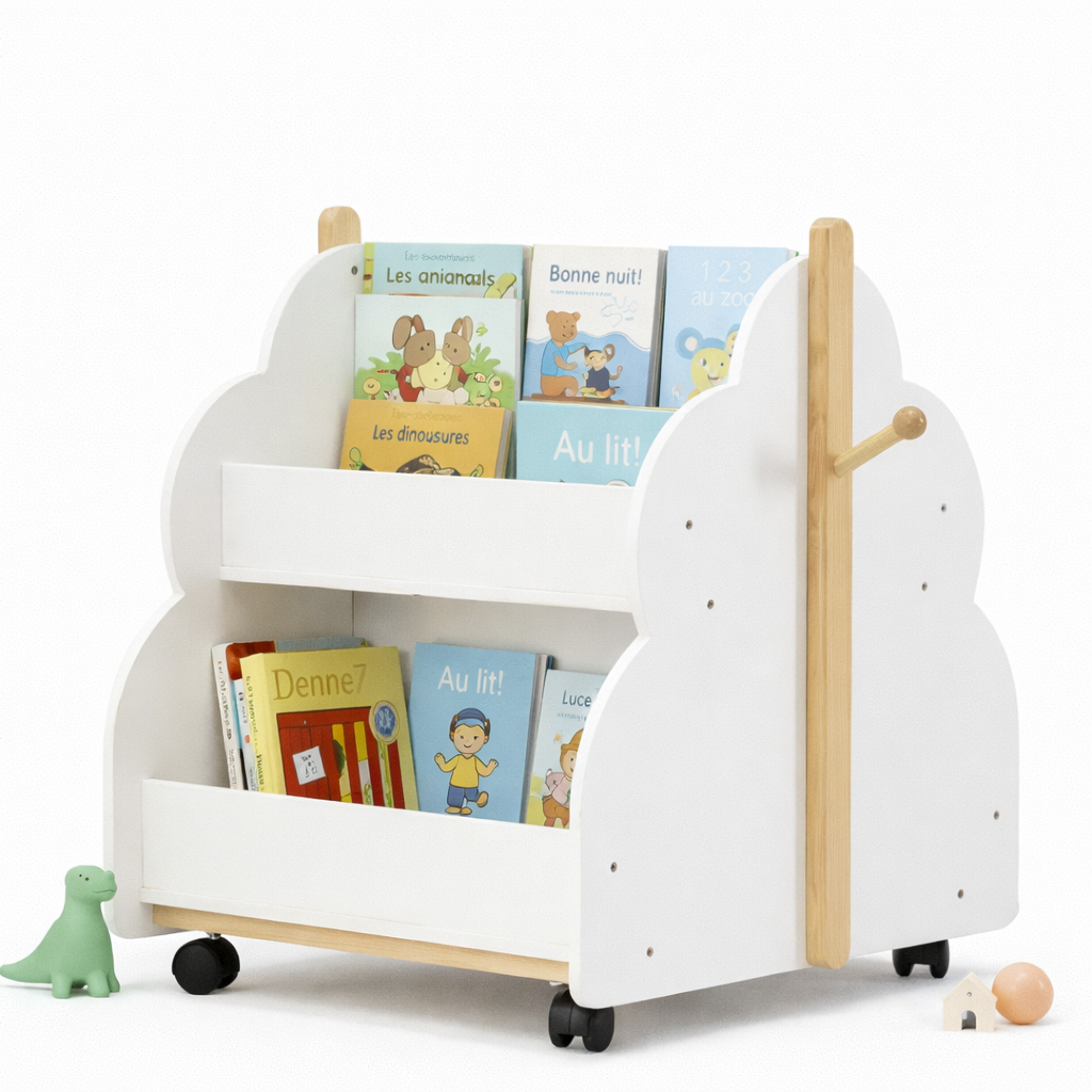 Bibliothèque enfant mobile Genève blanche et bois avec silhouette en forme d'arbre