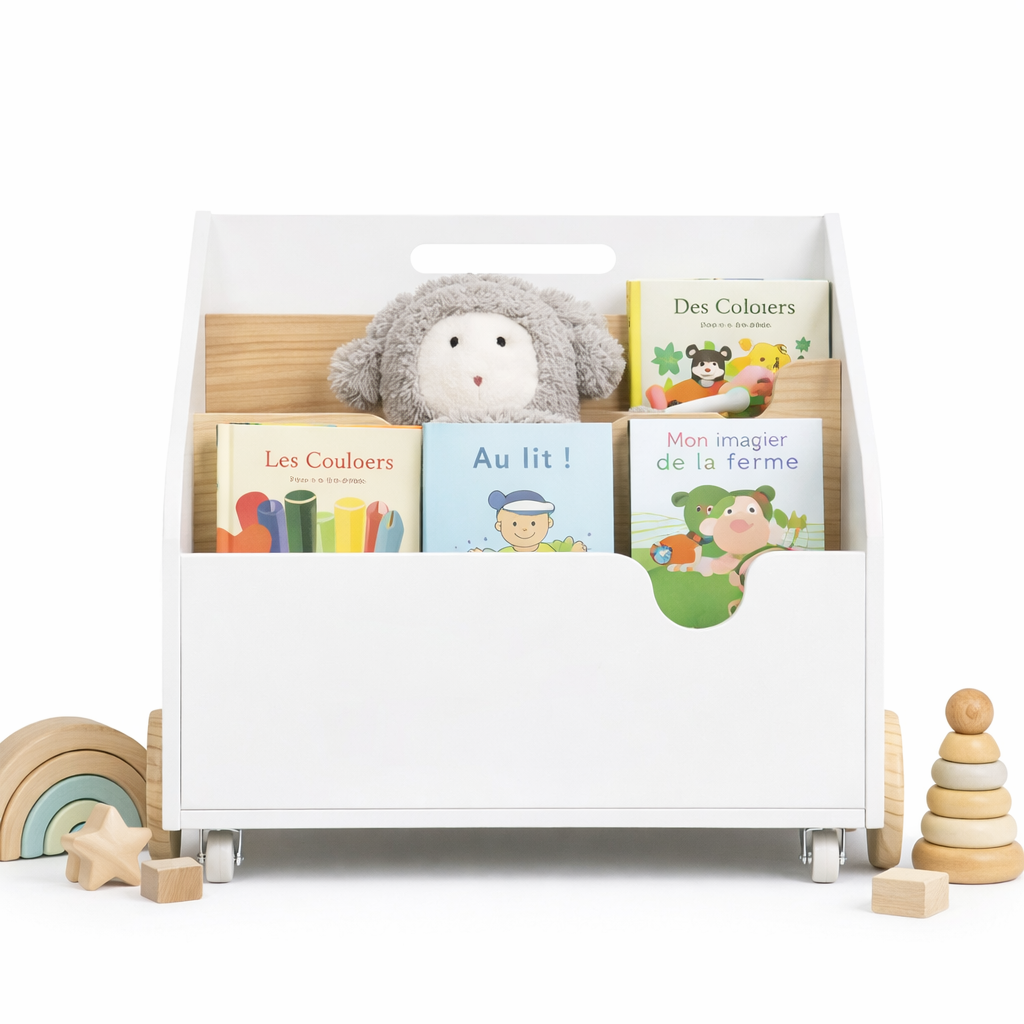 Vue de face de la bibliothèque de sol Amsterdam compacte pour enfants dès 2 ans