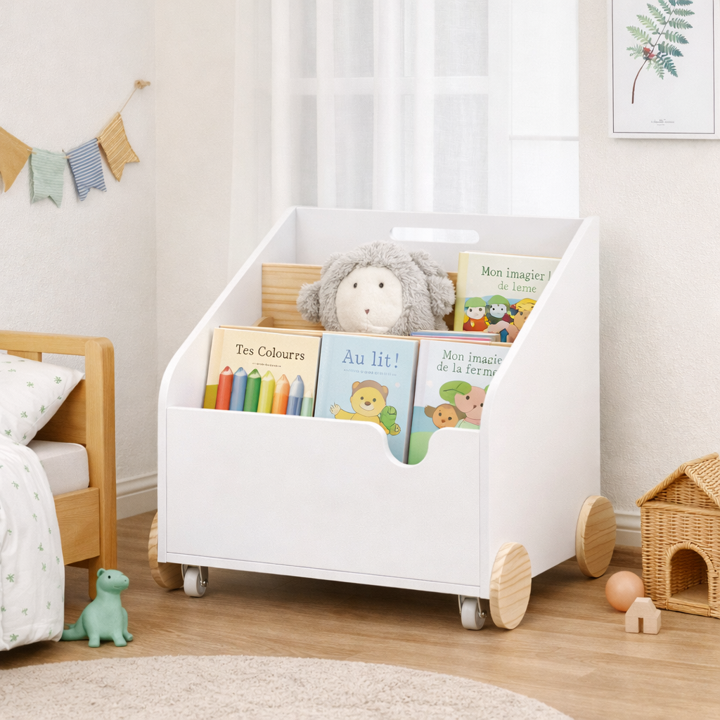 Petit meuble de rangement Amsterdam avec livres et peluches dans un coin lecture