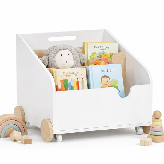Bibliothèque enfant Amsterdam roulante blanche et bois avec poignée intégrée