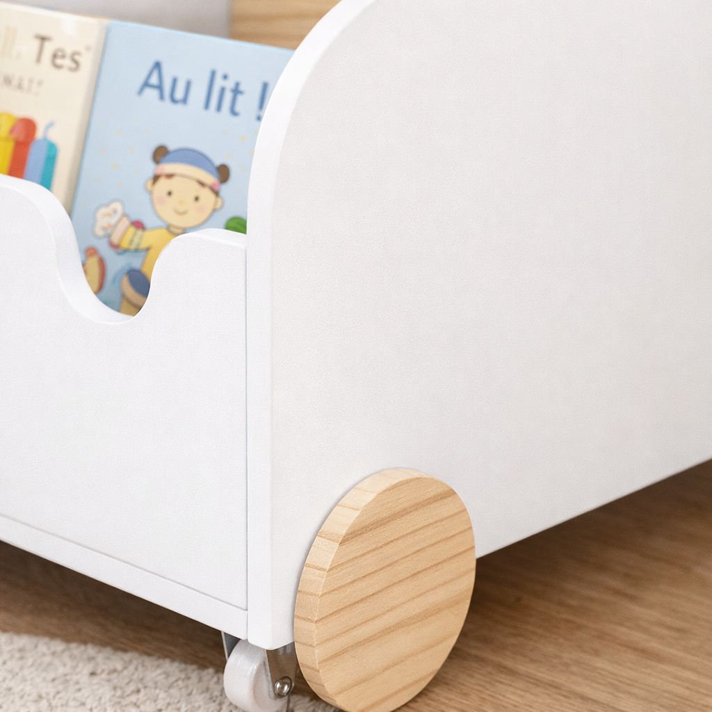 Détail de la roue silencieuse en bois et de la finition bicolore du modèle Amsterdam