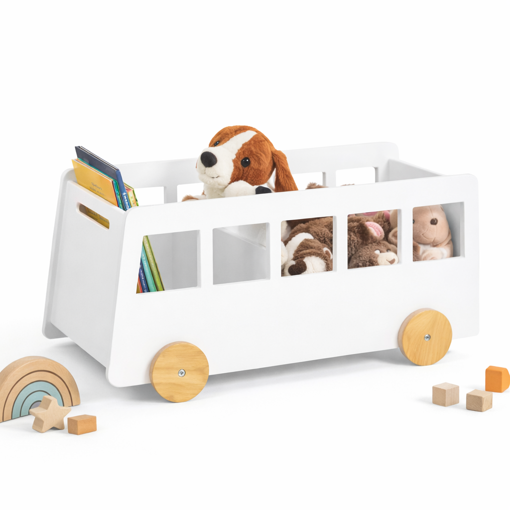 Bibliothèque enfant Londres en forme de bus blanc avec roues en bambou naturel