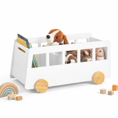 Bibliothèque Enfant - Bac Rangement Design Bus Blanc Roulant