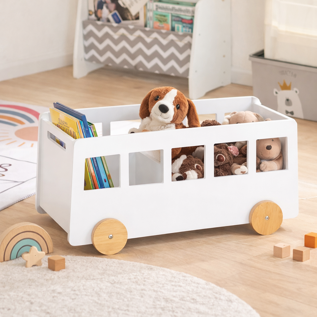 Coffre à jouets et présentoir à livres Londres mobile dans une chambre d'enfant épurée