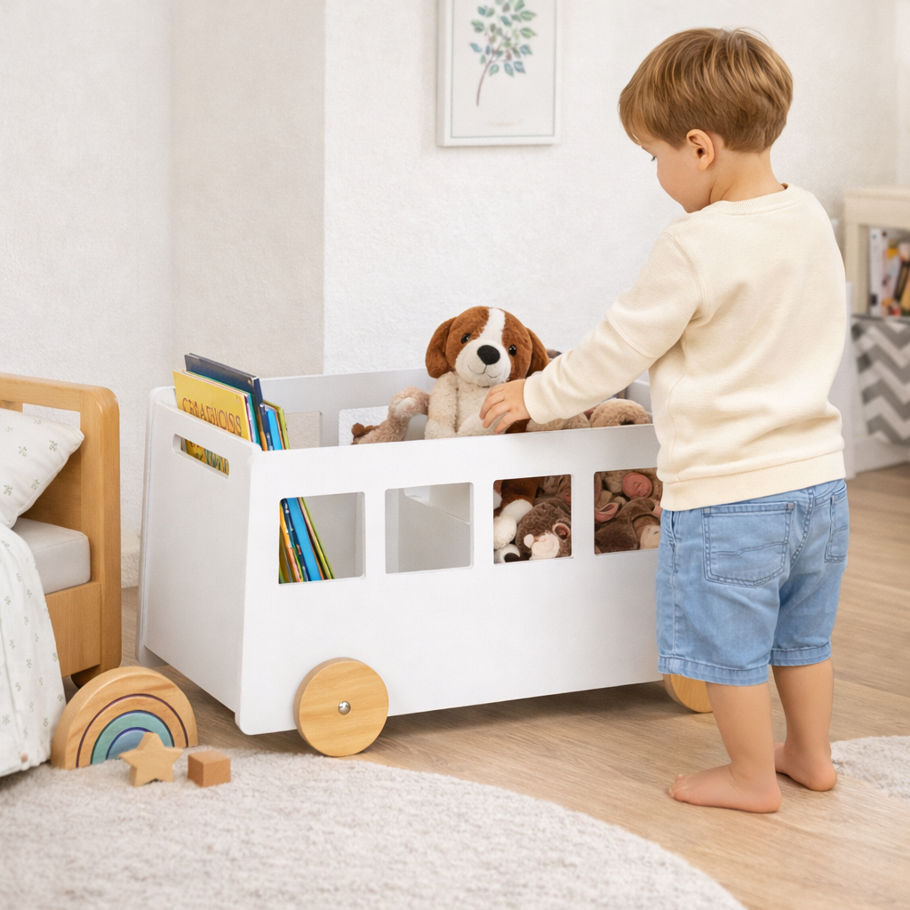 Petit garçon rangeant ses peluches et livres dans le bus de stockage Londres