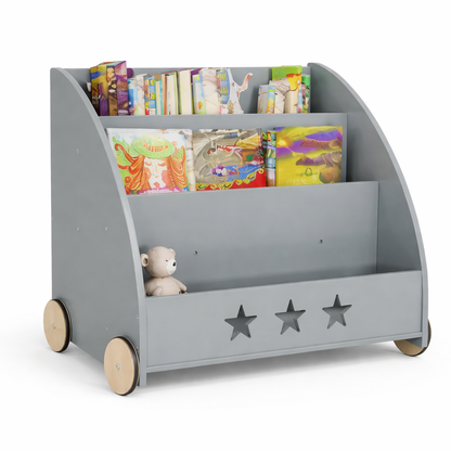 Bibliothèque enfant grise Hambourg à roulettes avec découpes étoiles et 3 niveaux