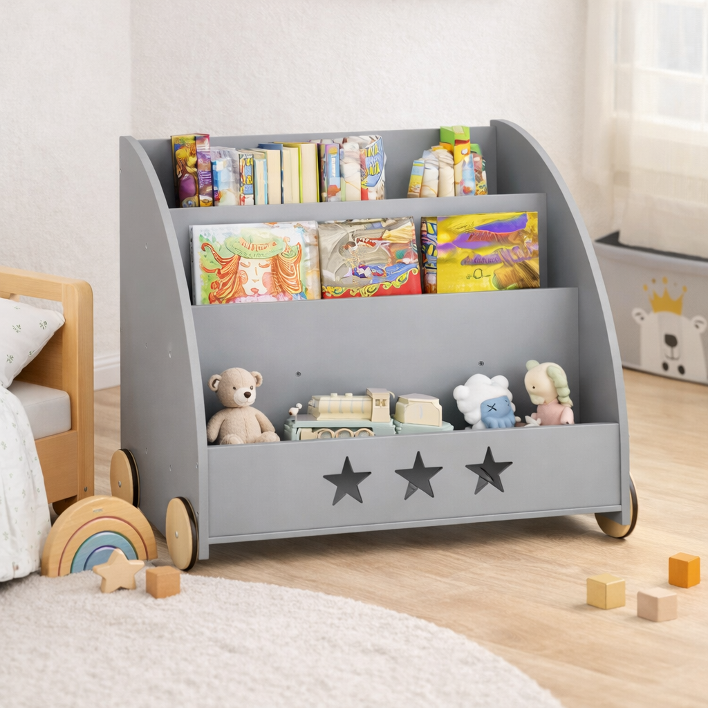 Petit bac à livres gris Hambourg installé dans un coin lecture moderne