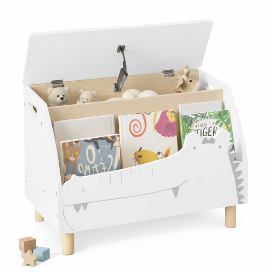 Coffre à jouets et bibliothèque enfant Nil en forme de crocodile blanc et bois