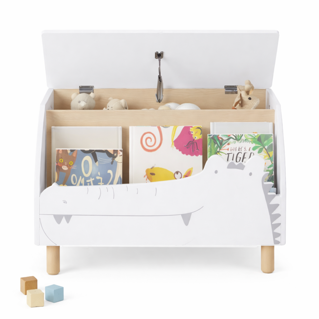 Coffre à jouets Nil ouvert avec système de fermeture lente pour la sécurité des enfants