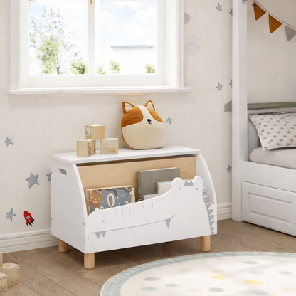 Banc de rangement et bibliothèque Nil installé dans une chambre d'enfant claire