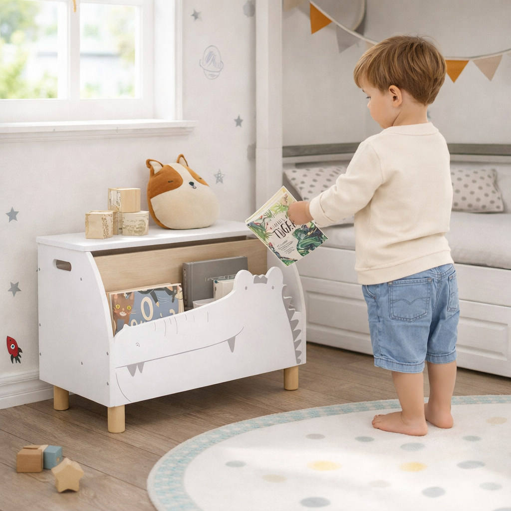 Petit garçon rangeant un jouet dans le bac à livres crocodile Nil