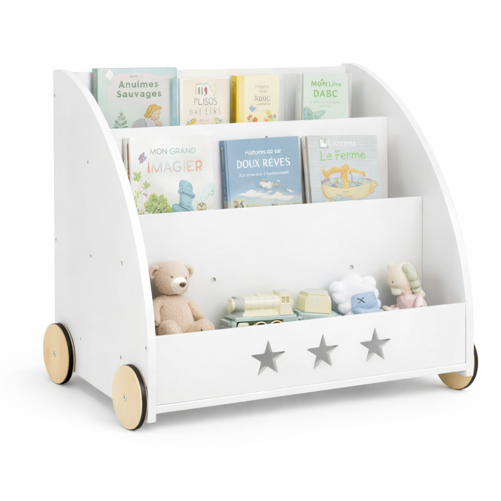 Bibliothèque mobile enfant Hambourg blanche avec étoiles et 3 compartiments