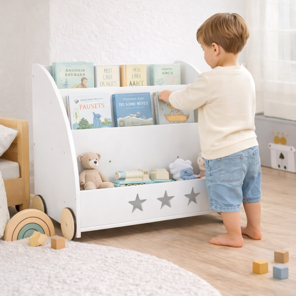 Enfant utilisant la bibliothèque à roulettes Hambourg blanche dans sa chambre