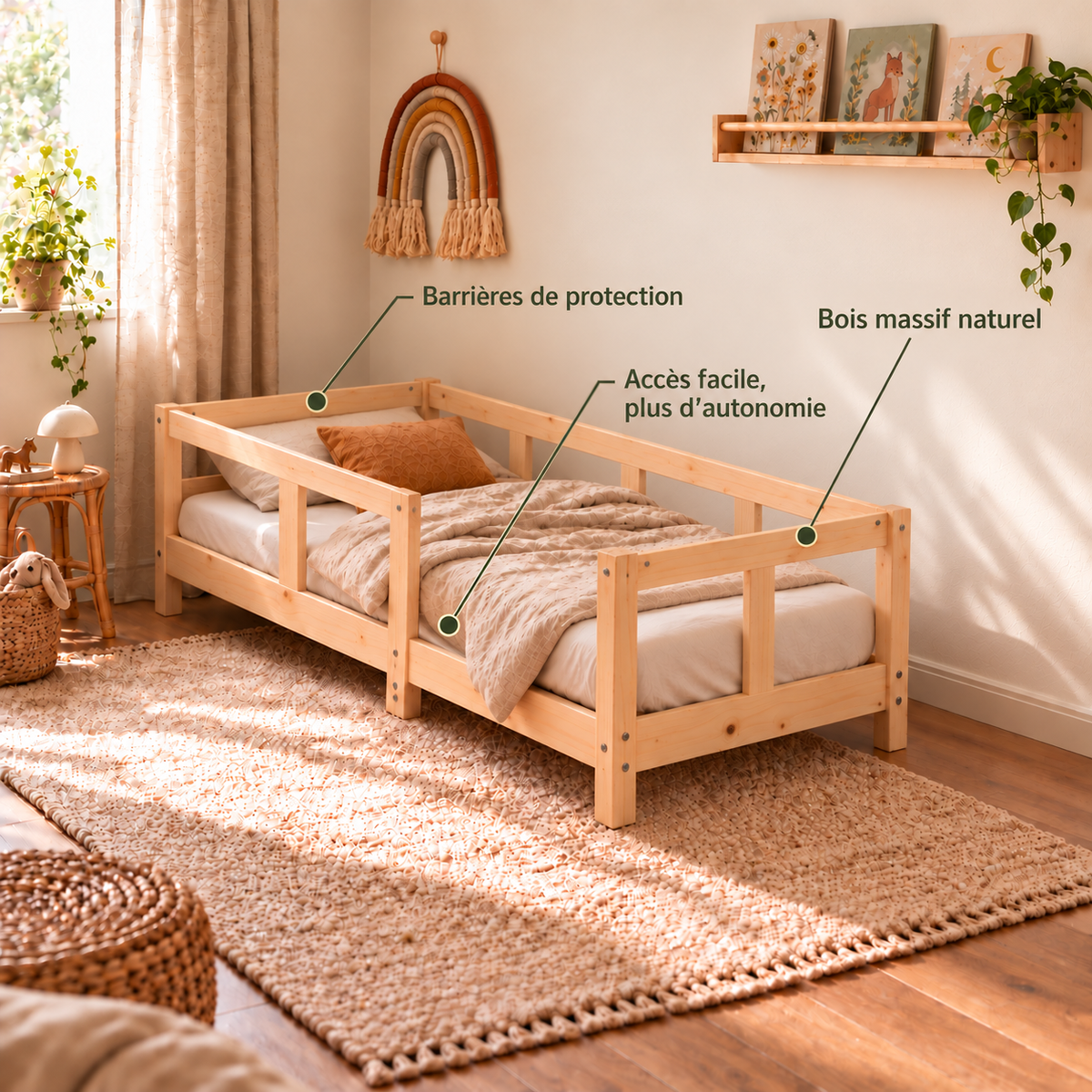 Lit enfant 70x140 en pin massif – Tilleul, bas à tête et pied de lit