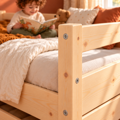 Lit enfant 70x140 en pin massif – Érable, bas avec 2 tiroirs