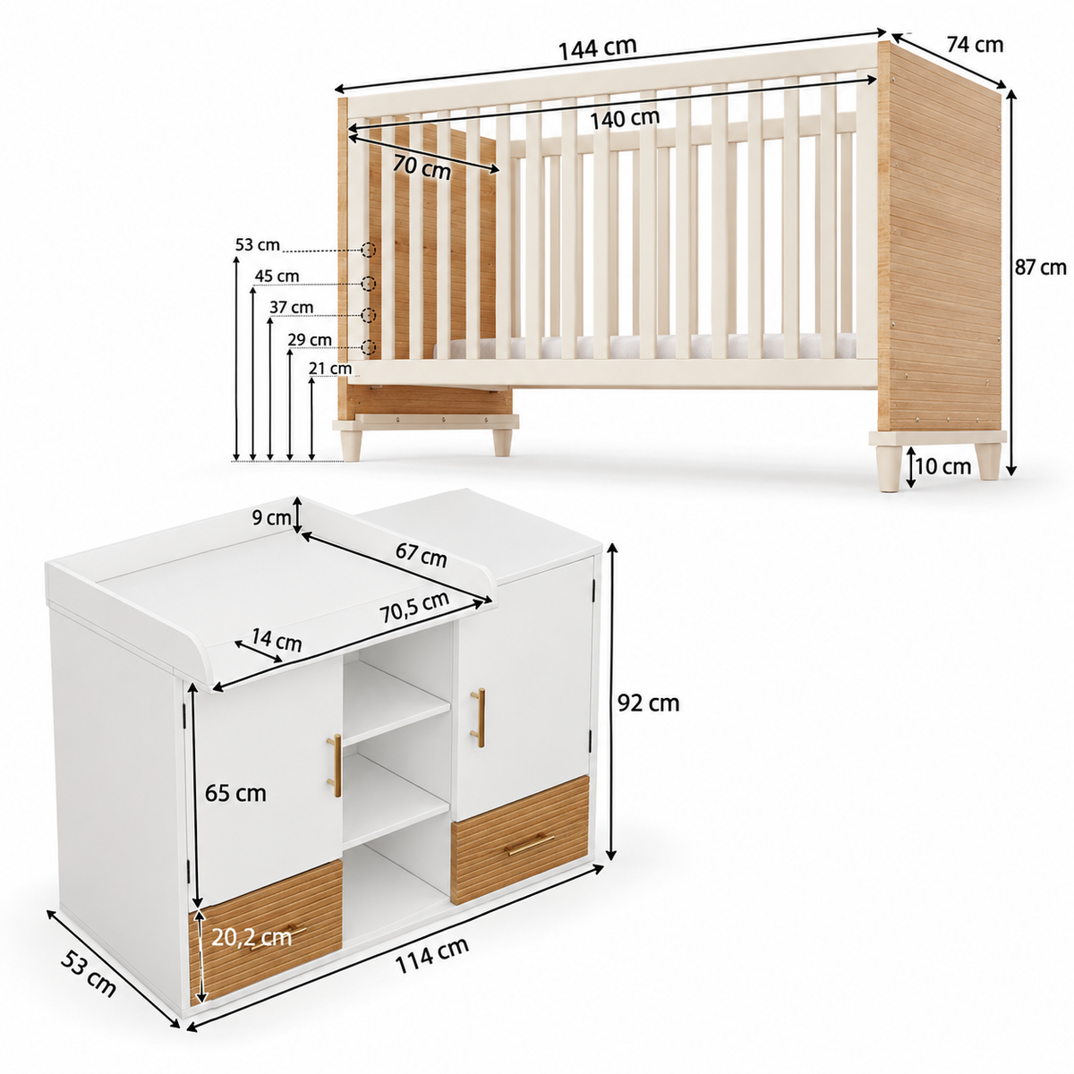 Ensemble lit bébé et table à langer avec rangements