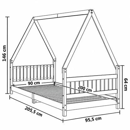 Lit cabane 90x190 en pin massif – Mélèze, maison à tête de lit à barreaux