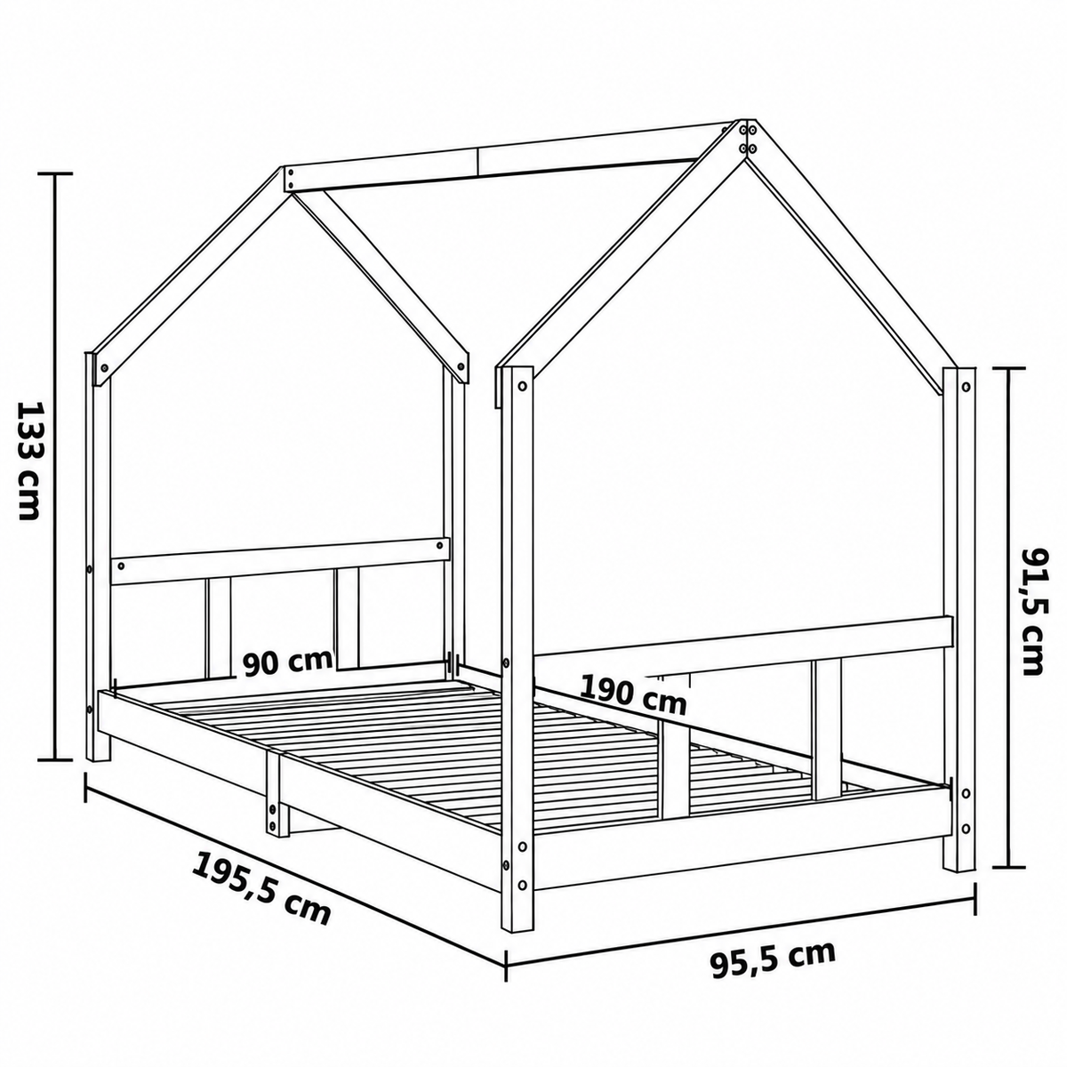 Lit cabane 90x190 en pin massif – Charme, toit pentagonal