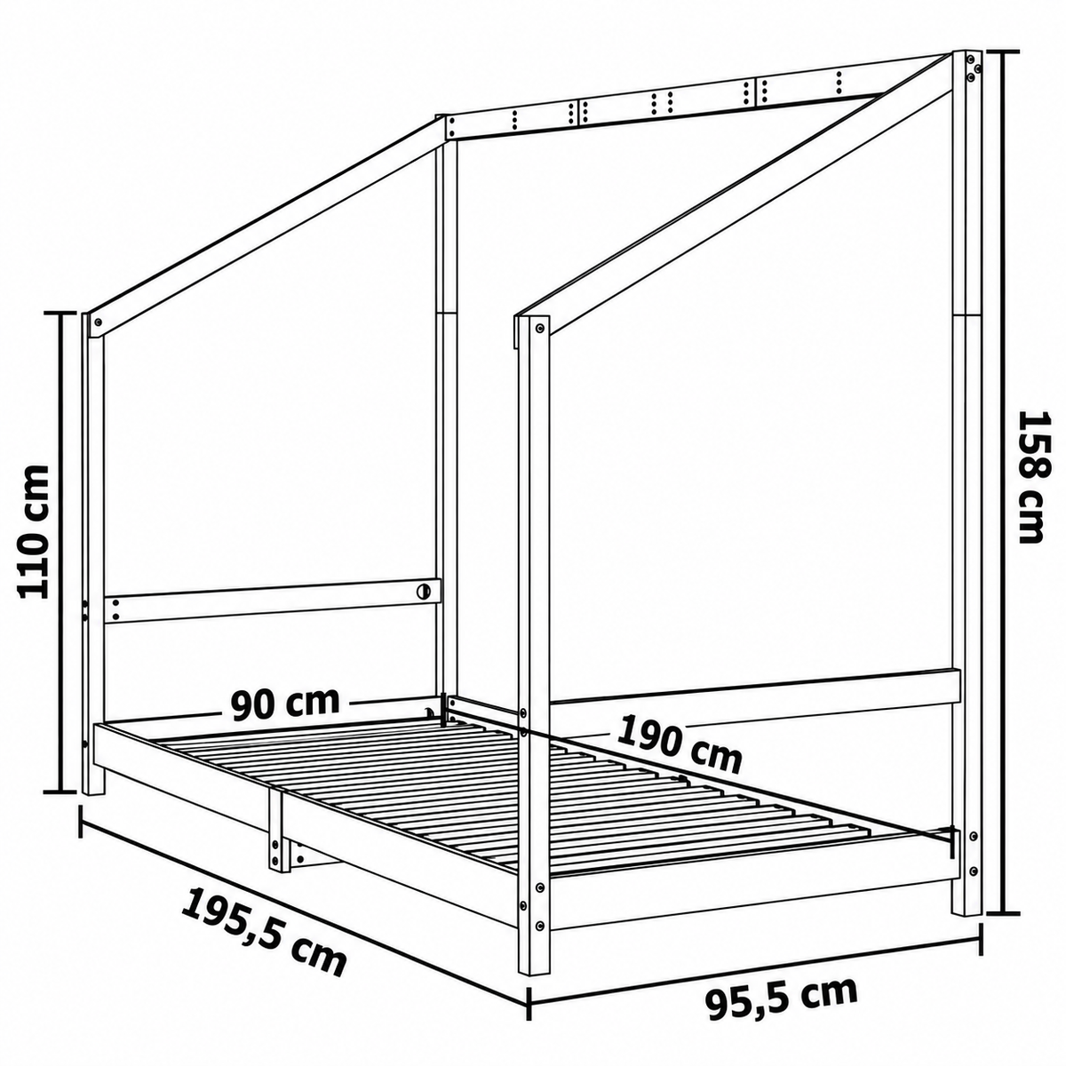 Lit cabane 90x190 en pin massif – Frêne, toit asymétrique ouvert