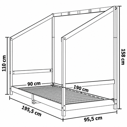 Lit cabane 90x190 en pin massif – Frêne, toit asymétrique ouvert