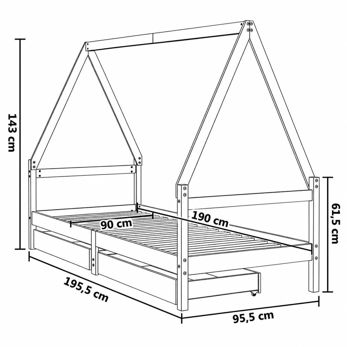 Lit cabane 90x190 en pin massif – Saule, maison avec 2 tiroirs