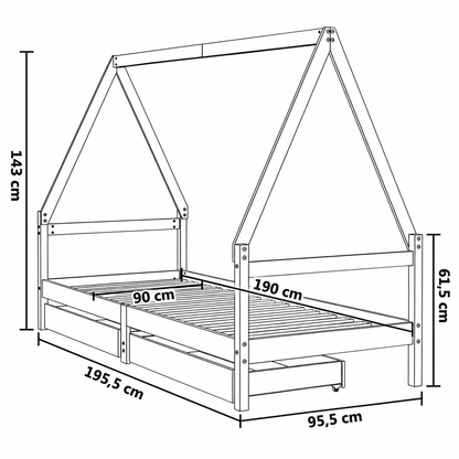 Lit cabane 90x190 en pin massif – Saule, maison avec 2 tiroirs