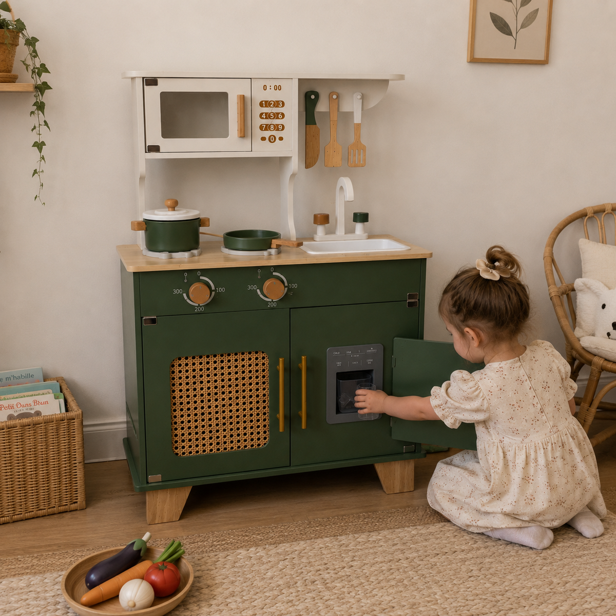 Une enfant joue avec une cuisine en bois