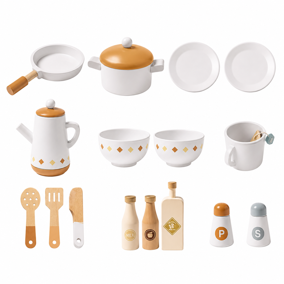 Cuisine Enfant en Bois Caramel - Cuisine Montessori 17 Pièces