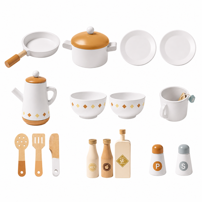 Cuisine Enfant en Bois Caramel - Cuisine Montessori 17 Pièces