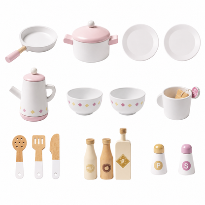 Cuisine Enfant en Bois Rose - Cuisinière Jouet 17 Accessoires