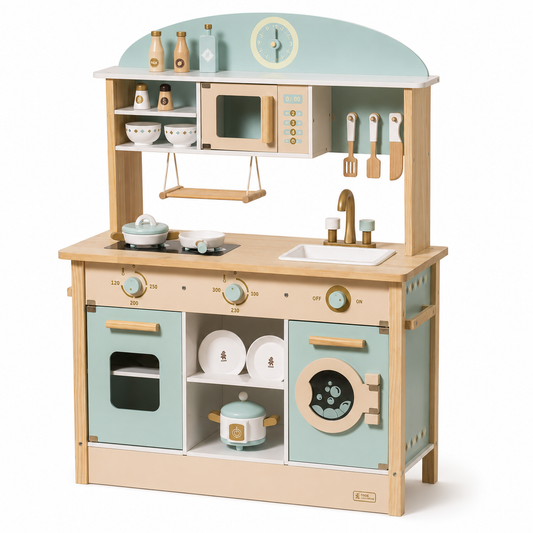 Cuisine Enfant en Bois Bleu - Dinette 17 Accessoires Inclus