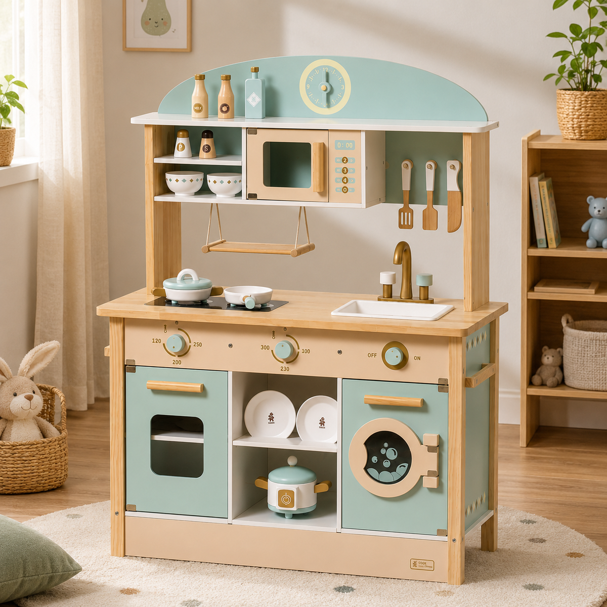 Cuisine Enfant en Bois Bleu - Dinette 17 Accessoires Inclus