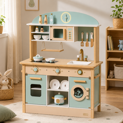 Cuisine Enfant en Bois Bleu - Dinette 17 Accessoires Inclus