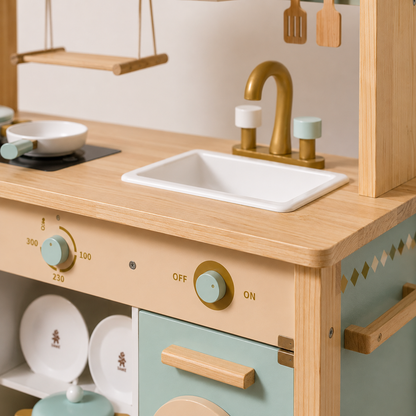 Cuisine Enfant en Bois Bleu - Dinette 17 Accessoires Inclus