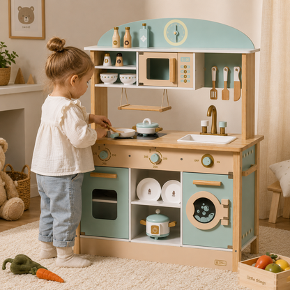 Cuisine Enfant en Bois Bleu - Dinette 17 Accessoires Inclus