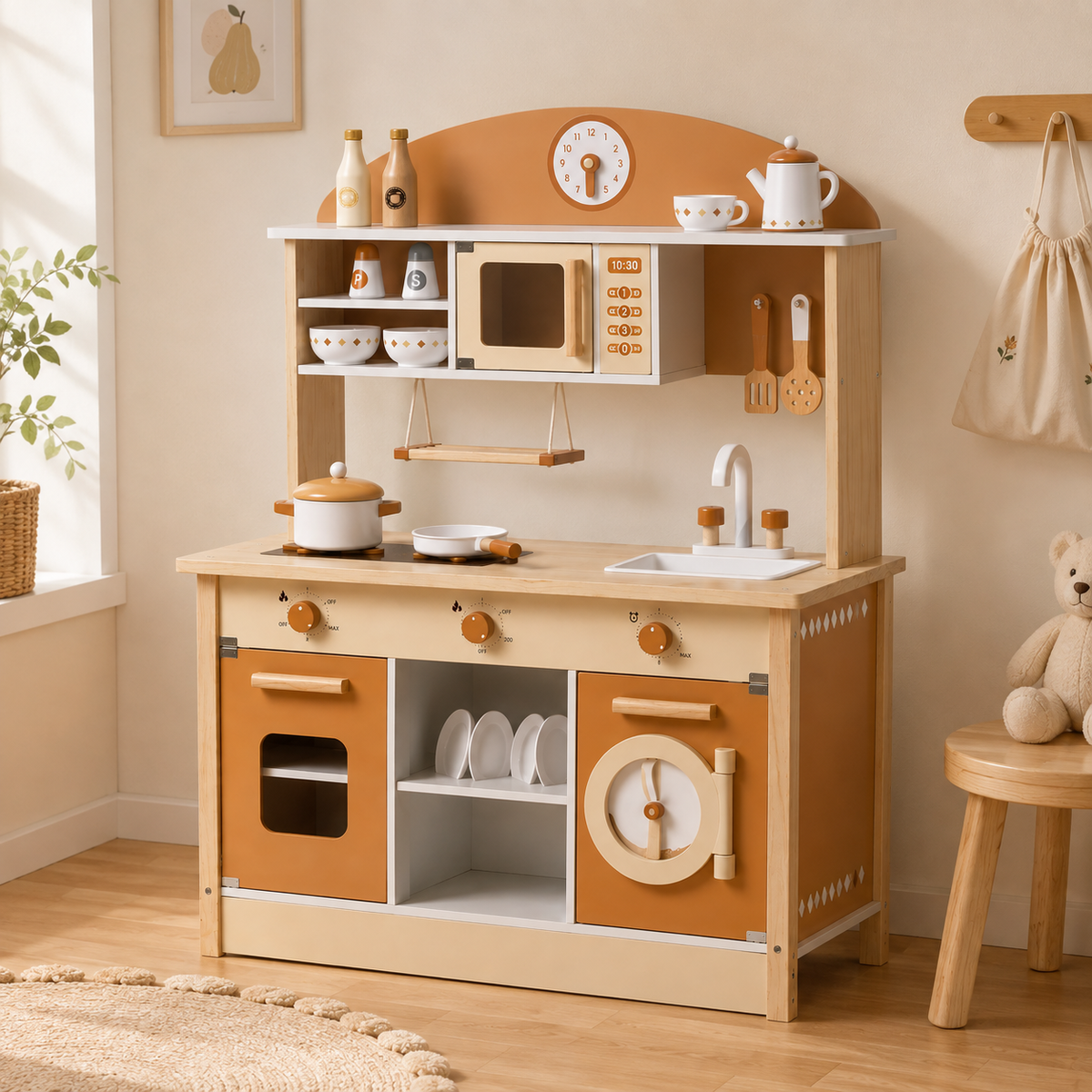 Cuisine Enfant en Bois Caramel - Cuisine Montessori 17 Pièces