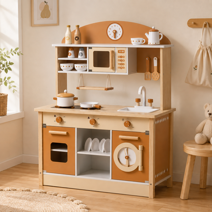 Cuisine Enfant en Bois Caramel - Cuisine Montessori 17 Pièces